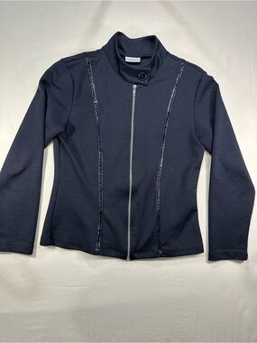Anne Kanner Brazil Black Structured Full Zip Moto Jacket Coat Glossy EUC Size M